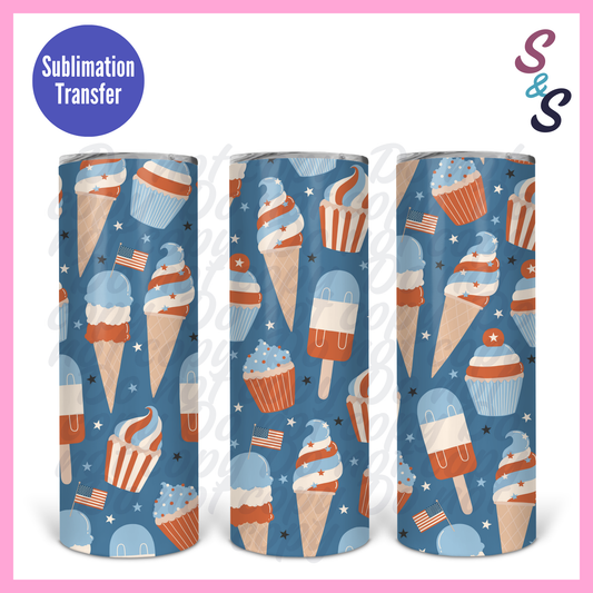 Fourth of July Ice Cream 20 Ounce Tumbler Sublimation Print Transfer