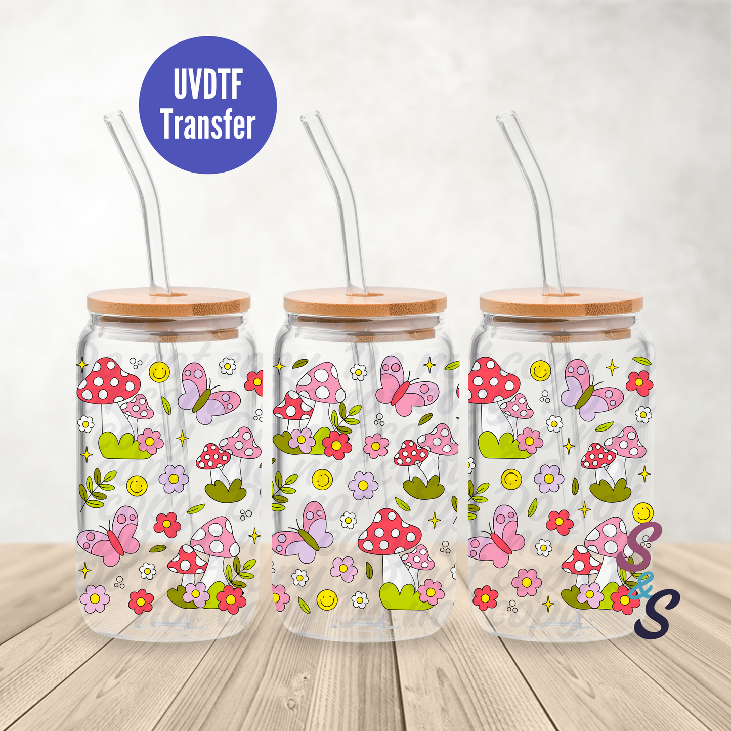 Mushrooms & Butterflies UVDTF Transfer 16 Oz Glass Can Wrap B117B