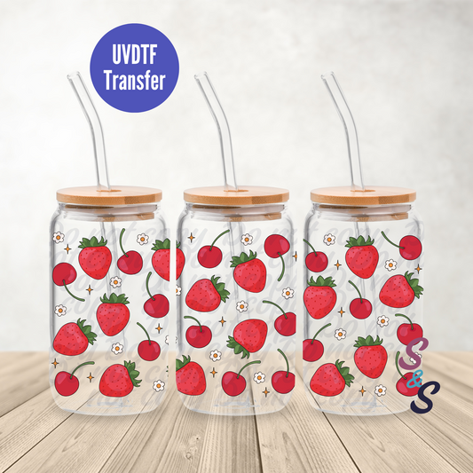 Strawberries & Cherries UVDTF Transfer 16 Oz Glass Can Wrap B118A
