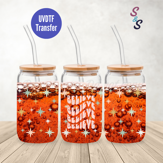 Believe Christmas UVDTF Transfer 16 Oz Glass Can Wrap E-100