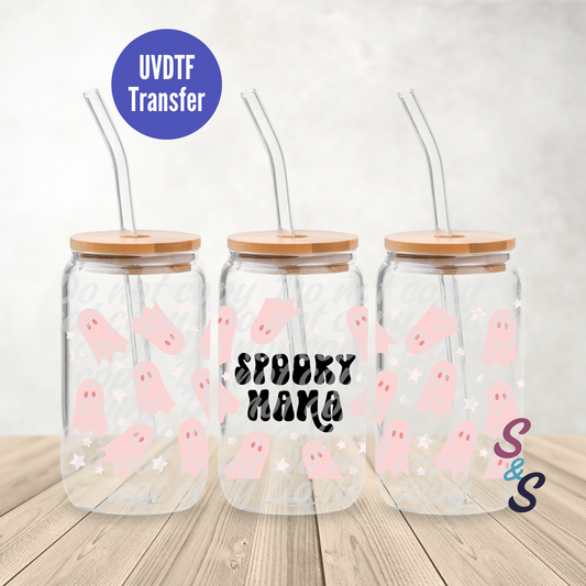 Spooky Mama Pink Ghosts UVDTF Transfer 16 Oz Glass Can Wrap E112