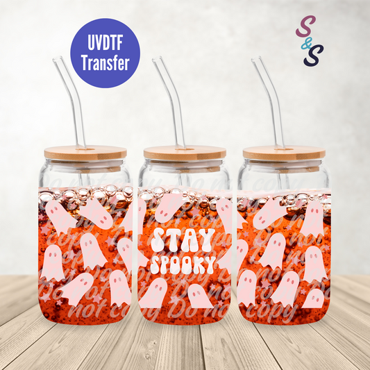 Stay Spooky Pink Ghosts UVDTF Transfer 16 Oz Glass Can Wrap E116