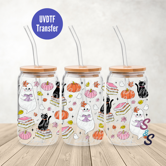 Bookish Fall Ghosts UVDTF Transfer 16 Oz Glass Can Wrap E120