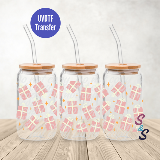 Pink Presents UVDTF Transfer 16 Oz Glass Can Wrap E125