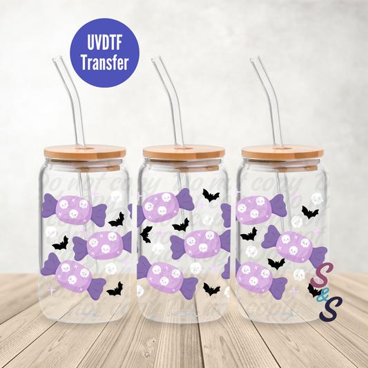 Purple Skull Halloween Candy UVDTF Transfer 16 Oz Glass Can Wrap E131