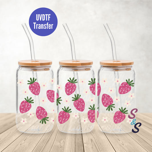 Pink Strawberries UVDTF Transfer 16 Oz Glass Can Wrap E132
