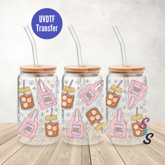 Iced Coffee & Shop Small UVDTF Transfer 16 Ounce Glass Cans B109A