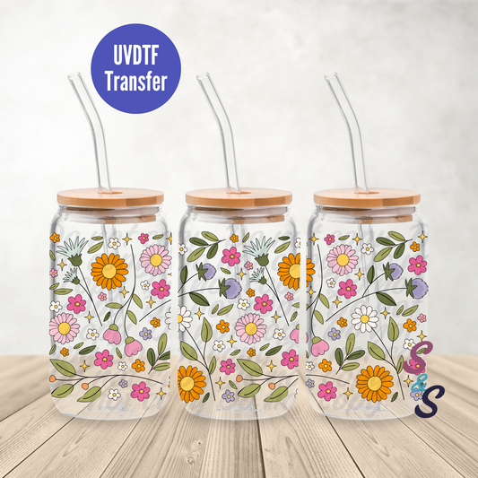 Summer Flowers UVDTF Transfer 16 Oz Glass Can Wrap B111A