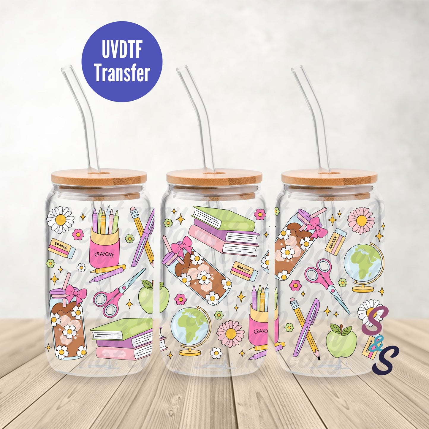 School Supplies Teacher UVDTF Transfer 16 Oz Glass Can Wrap B112A