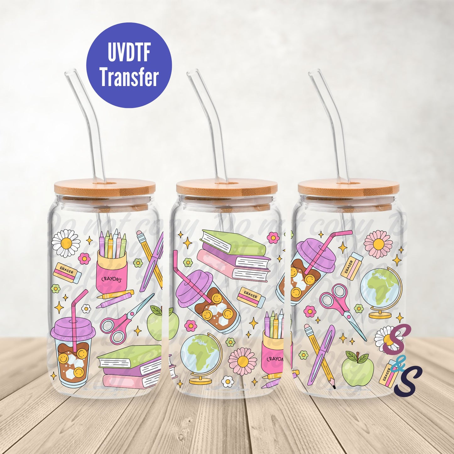 School Supplies & Coffee Teacher UVDTF Transfer 16 Oz Glass Can Wrap B112B