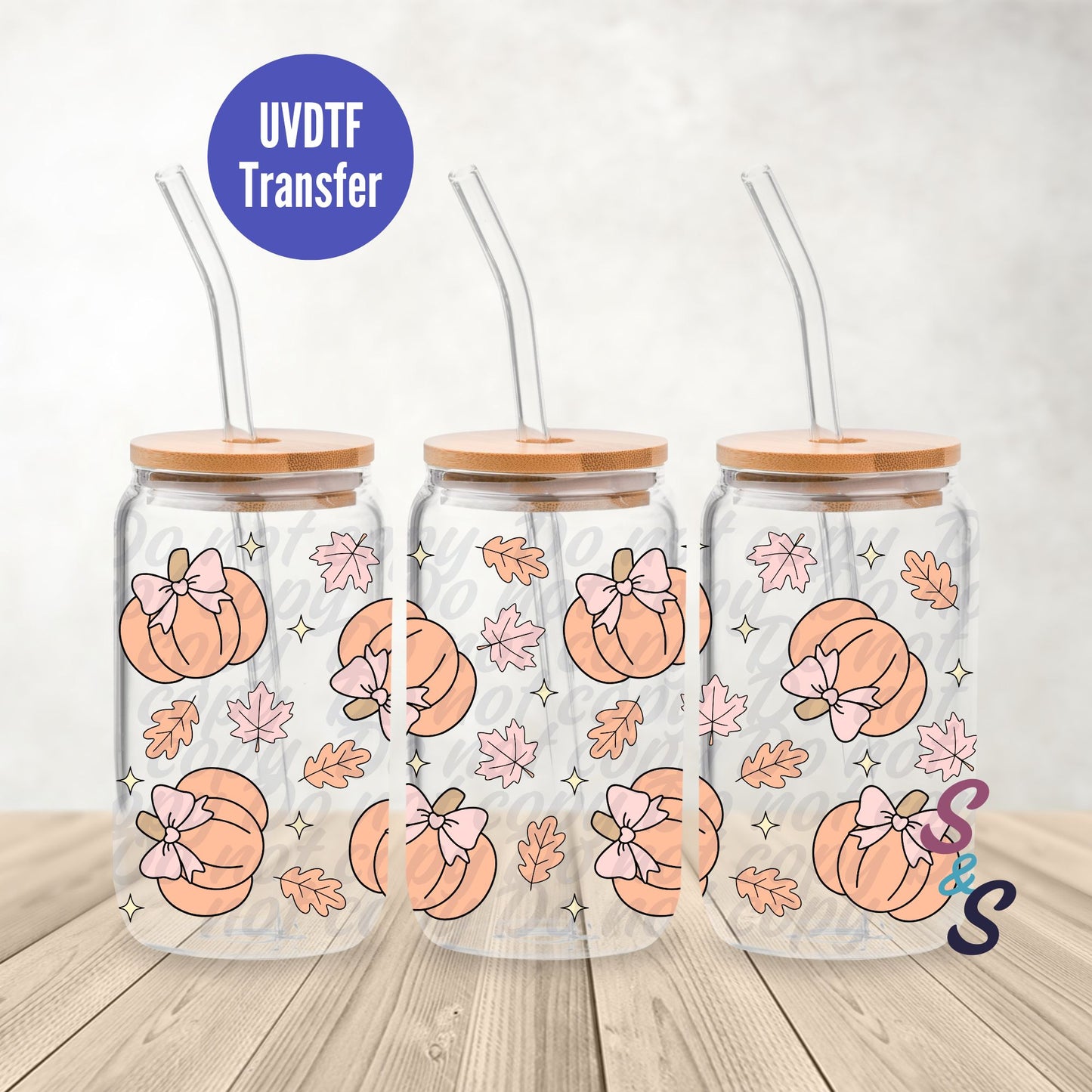 Fall Pumpkin Bows UVDTF Transfer 16 Oz Glass Can Wrap B113B