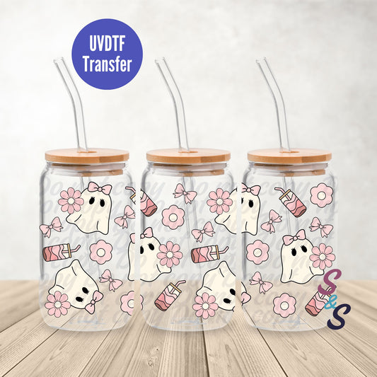 Pink Ghost Iced Coffee UVDTF Transfer 16 Oz Glass Can Wrap B115A