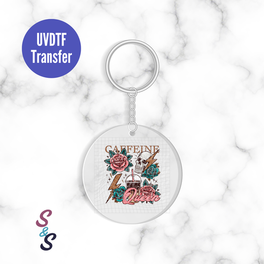 Caffeine Queen Skull & Flowers Keychain UVDTF Transfer KC251