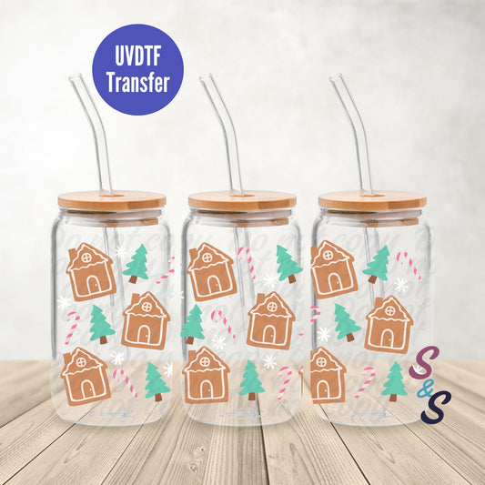 Gingerbread Houses UVDTF Transfer 16 Oz Glass Can Wrap B125B