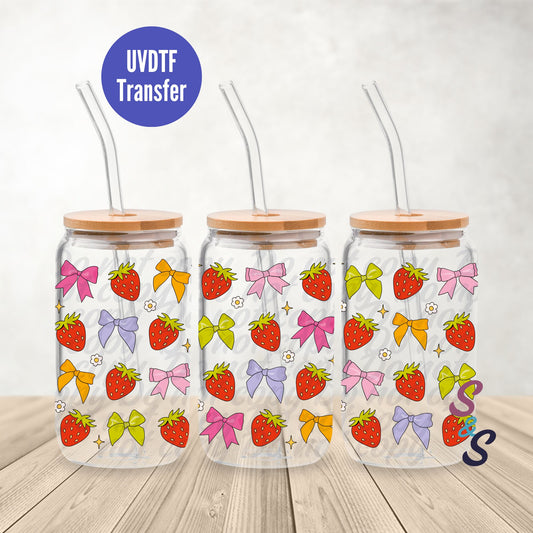 Strawberries & Bows UVDTF Transfer 16 Oz Glass Can Wrap B119A