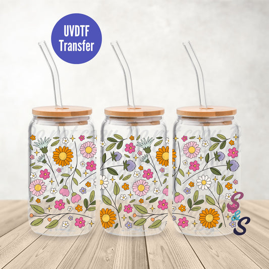 Summer Flowers UVDTF Transfer 16 Oz Glass Can Wrap B120A