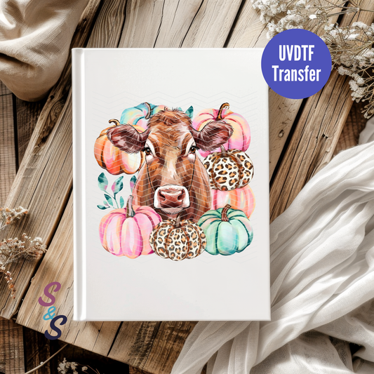 Watercolor Cow With Pumpkins UVDTF Book/Notebook Transfer C259