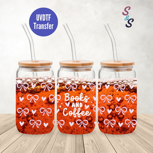 Books And Coffee Pink Bows UVDTF Transfer 16 Oz Glass Can Wrap B120B