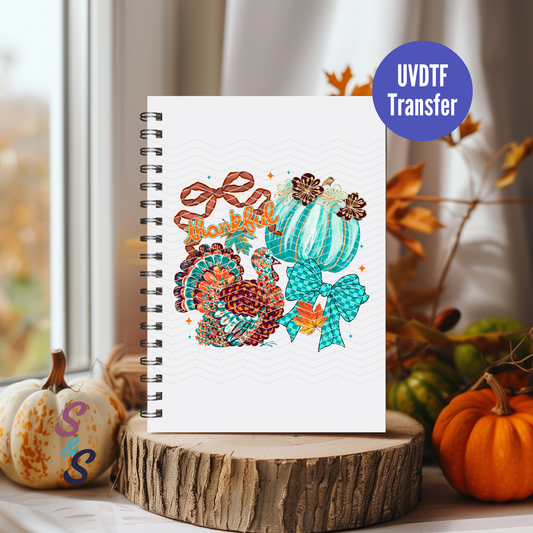 Thankful Teal Thanksgiving Pumpkin & Turkey UVDTF Book/Notebook Transfer C273