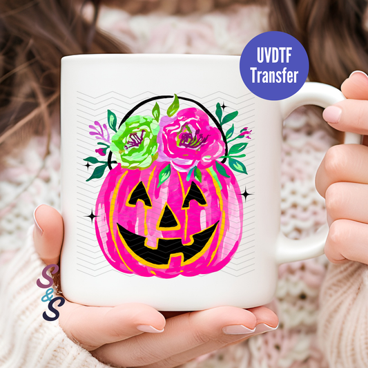 Pink Jack-O-Lantern Floral Pumpkin Mug UVDTF Transfer D234