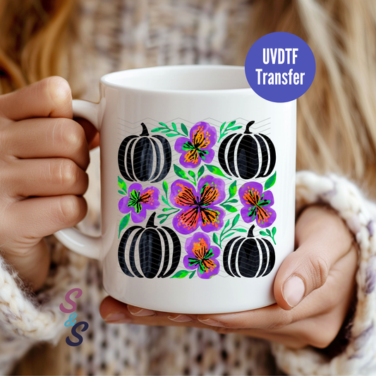 Black Pumpkins & Flowers Mug UVDTF Transfer D242