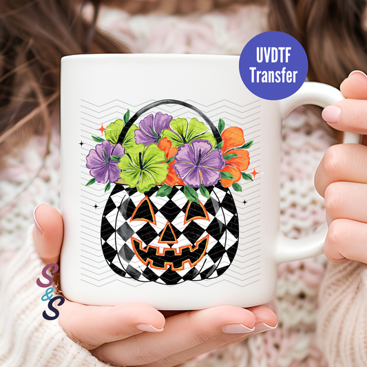 Check Jack-O-Lantern Floral Pumpkin Mug UVDTF Transfer D251