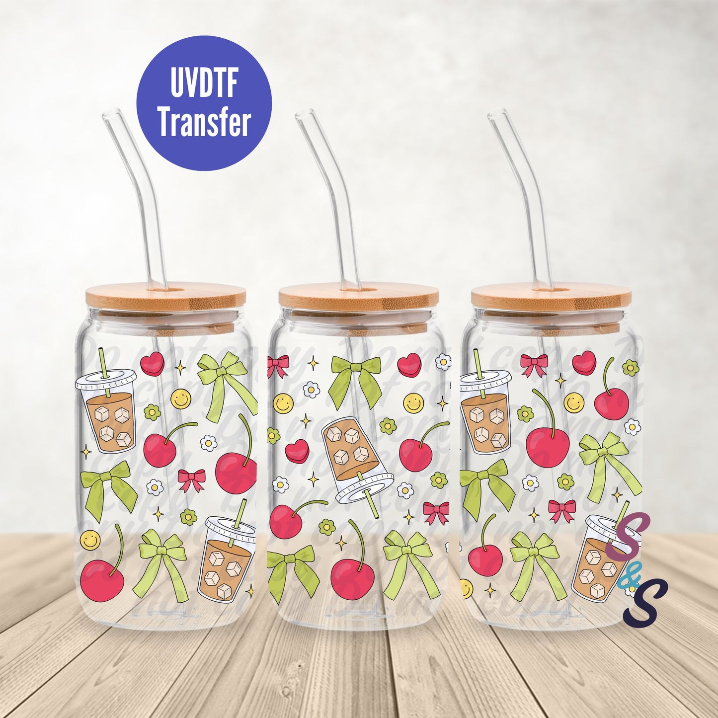 Cherries & Iced Coffee UVDTF Transfer 16 Oz Glass Can Wrap B118B