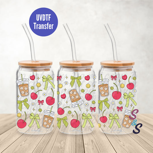 Cherries & Iced Coffee UVDTF Transfer 16 Oz Glass Can Wrap B118B