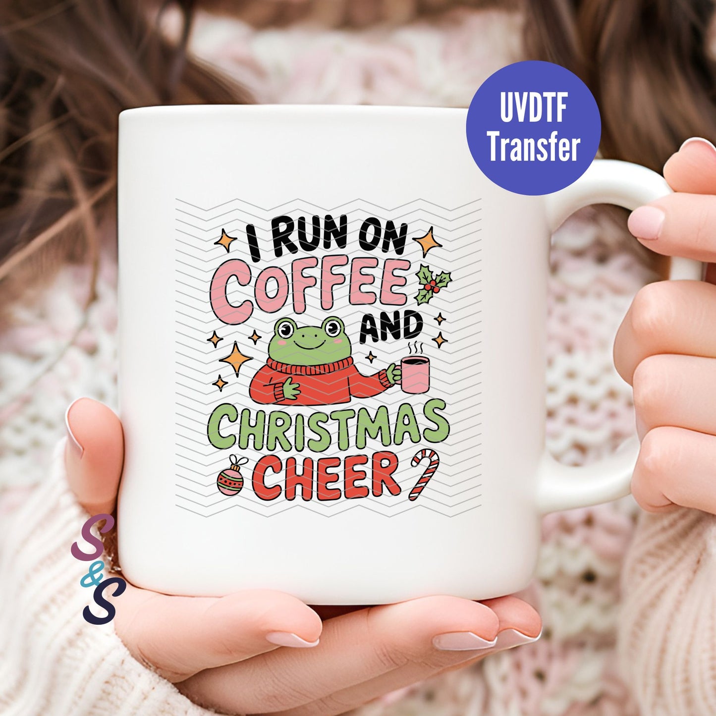 I Run On Coffee And Christmas Cheer Frog Mug UVDTF Transfer G112