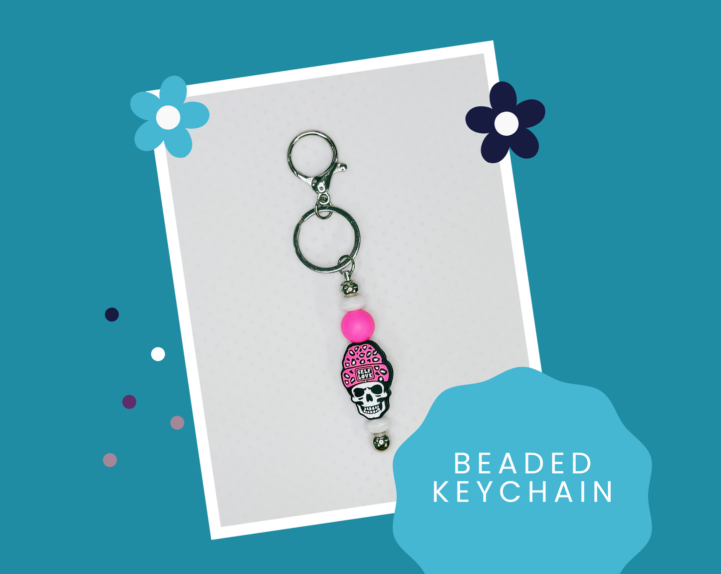 Pink Self Love Skull Beaded Keychain