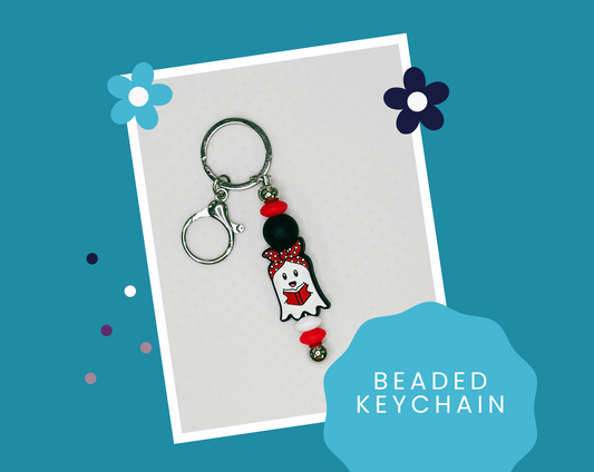 Cute Bandana Ghost Reading Beaded Keychain