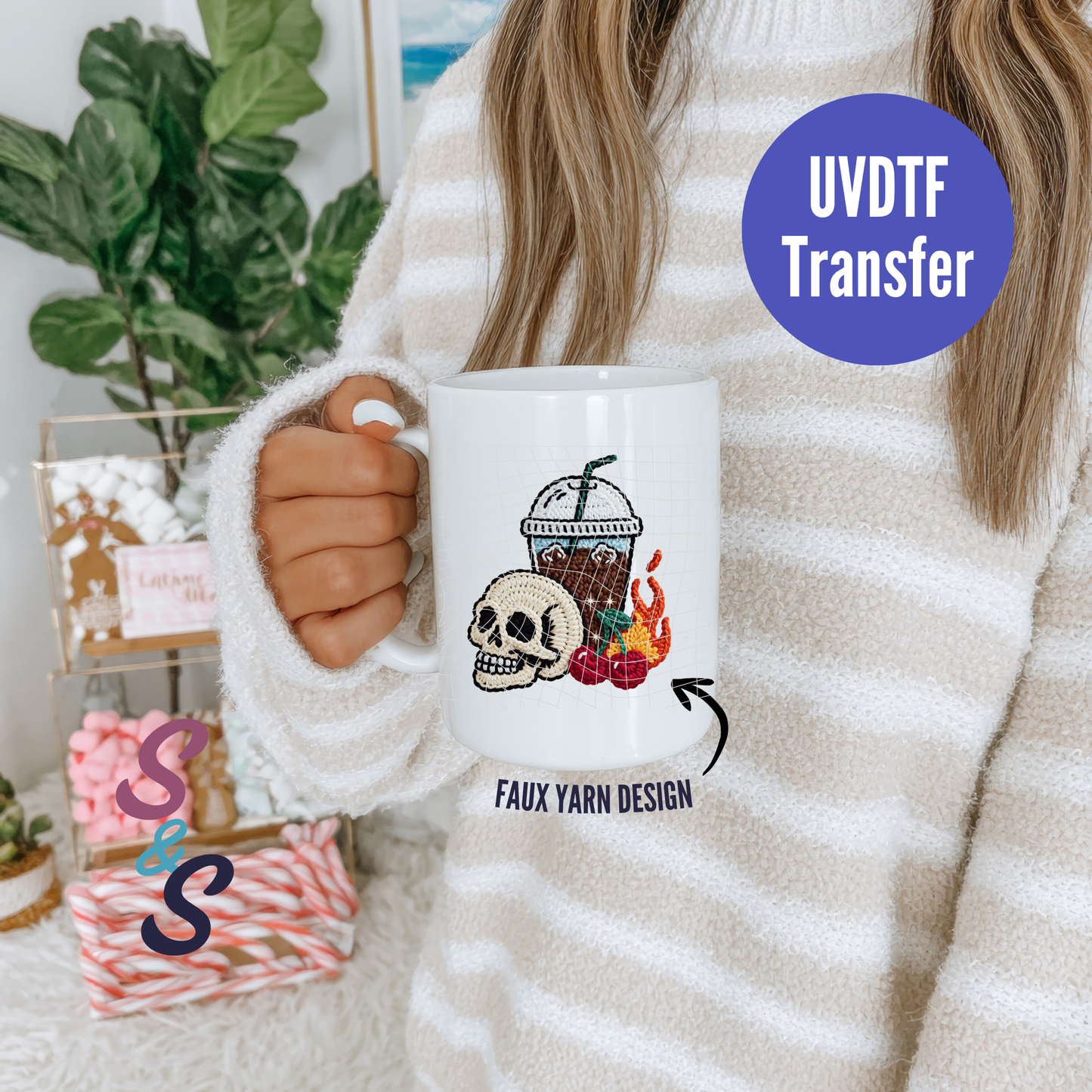 Skull & Coffee Faux Yarn Mug UVDTF Transfer