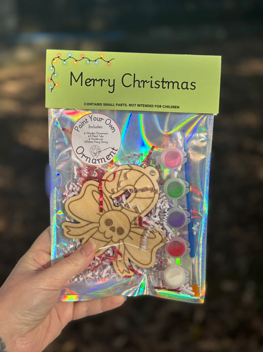 Skull Candy Cane & Bow Paintable Wooden Ornament Set