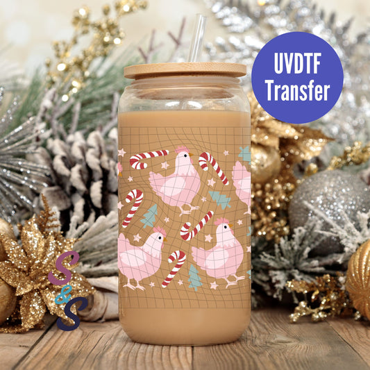 Christmas Chickens UVDTF Transfer 16 Oz Glass Can Wrap
