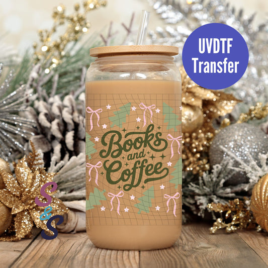 Books & Coffee Trees & Bows UVDTF Transfer 16 Oz Glass Can Wrap